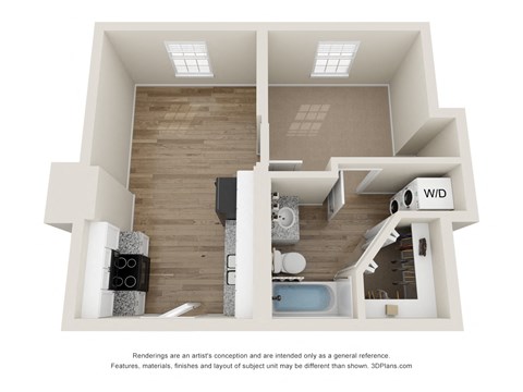 a rendering of a 1 bedroom floor plan with a bathroom and a living room